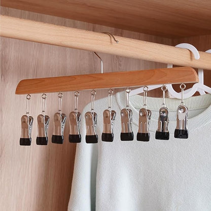 Closet Organizer with 12 Clips, 2026 New Space Saving Hanging Closet Organizer, Hat Scarf Clothespins for Legging Jeans Skirts Socks Pant Hangers (Wood-12 Clips, 1 Pcs)