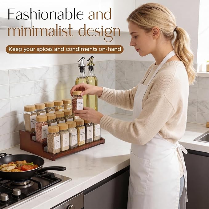 Spice Rack Organizer for Cabinet,Bamboo 12in Tiered Spice Rack，Used for Kitchen Countertops and Food Storage Room Organizer，Specially Designed for Jars and Spice Bottles (Walnut, M)