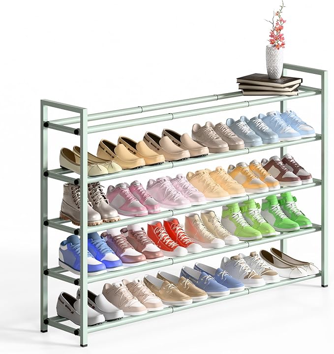 Bumusty 5-Tier Long Expandable Shoe Rack for Closet, 18"-44" Adjustable Shoe Rack for Entryway, 25-30 Pairs Large Shoe Organizer Shelf Storage, Sturdy Metal, Green
