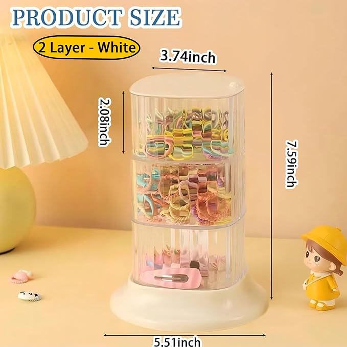 Hair Accessory Organizer, 3-Layer Rotating Clear Hair Tie Organizer for Hair Clips, Headbands, Hair Ties, Earring, Necklace, Ring, Jewelry Boxes & Organizers for Girls & Women (3-Layer，White)