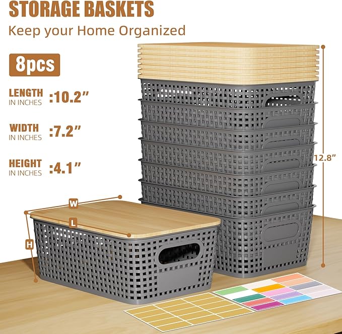 8 Pcs Plastic Storage Bins with Bamboo Lids and Labels 5.29qt Stackable Box Basket Pantry Decorative Containers, Small Storage Baskets for Drawers Organizing Closets Bedrooms Cabinets 10*7.2*4.1"