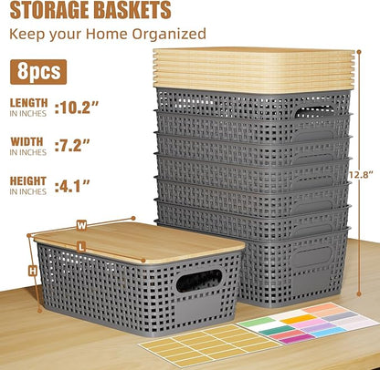 8 Pcs Plastic Storage Bins with Bamboo Lids and Labels 5.29qt Stackable Box Basket Pantry Decorative Containers, Small Storage Baskets for Drawers Organizing Closets Bedrooms Cabinets 10*7.2*4.1"