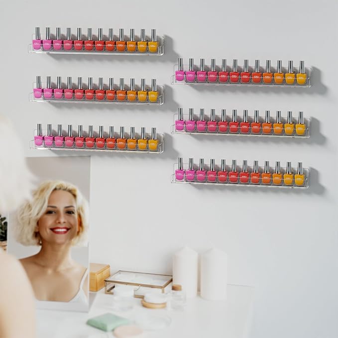 FEMELI Nail Polish Wall Rack: 6 Shelves 15 Inch Clear Acrylic Nail Polish Organizer for 66-90 Bottles Multi-Purpose Acrylic Floating Shelves (15 Inch, Clear) | 66-90 Bottles, Multi-Purpose