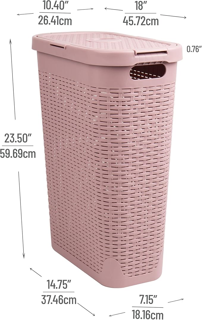 Mind Reader Slim Laundry Hamper with Lid, 40L Clothes Basket, Narrow Tapered Design with Ventilated Cutout Pattern, Plastic, Pink