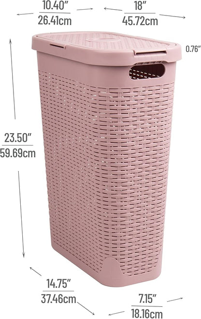 Mind Reader Slim Laundry Hamper with Lid, 40L Clothes Basket, Narrow Tapered Design with Ventilated Cutout Pattern, Plastic, Pink