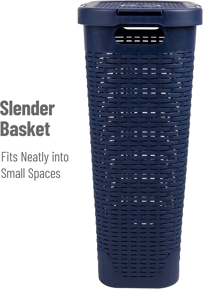 Mind Reader Slim Laundry Hamper with Lid, 40L Clothes Basket, Narrow Tapered Design with Ventilated Cutout Pattern, Plastic, Navy