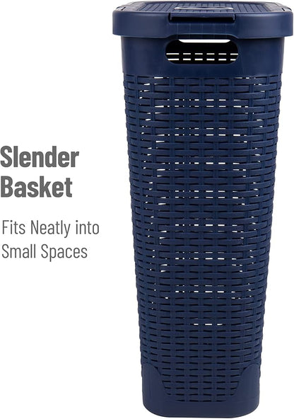 Mind Reader Slim Laundry Hamper with Lid, 40L Clothes Basket, Narrow Tapered Design with Ventilated Cutout Pattern, Plastic, Navy