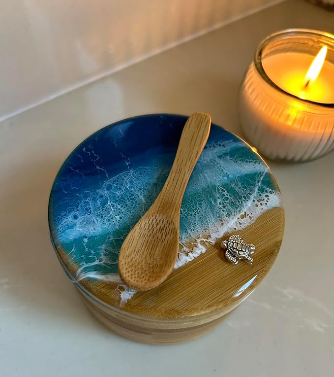 Ocean Resin Art Bamboo Salt Box, Salt Cellar, Bath Salt Container, Storage Box, Herb, Salt, Pepper, Sugar, Spices Storage Box with Magnetic Swivel Lid, Spoon and Turtle Charm