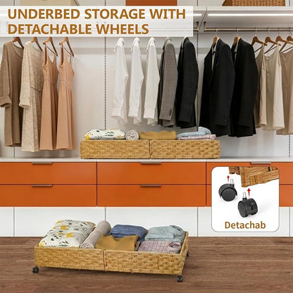 Under Bed Storage with Wheels, 31.5In/40L Large Rolling Underbed Storage Organizer Drawers Bins, Rattan Under the Bed Storage Containers with Handles, Space Saving Design for Clothes,Shoes,Books