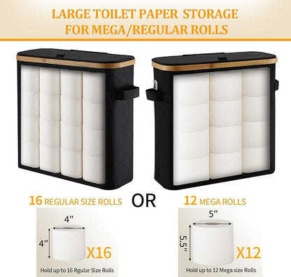 Toilet Paper Storage Basket with Lid for Mega Rolls, Large Bamboo Toilet Paper Organizer Storage Holder Stand for Bathroom, Enclosed Tissue Storage Bin Box Container Free Standing, Gray