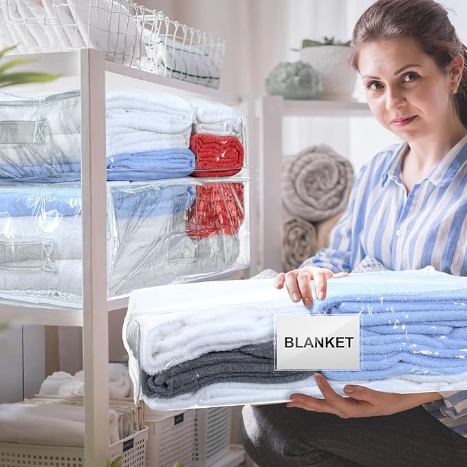 Kenning 20 Pcs Clear Zippered Storage Bags for Sheet Plastic Sweater Bag with Handle and Label Pocket Vinyl Stackable Closet Organizer Moving Bag for Bed Blanket Clothes Pillow(White,18 x 15 x 4 Inch)