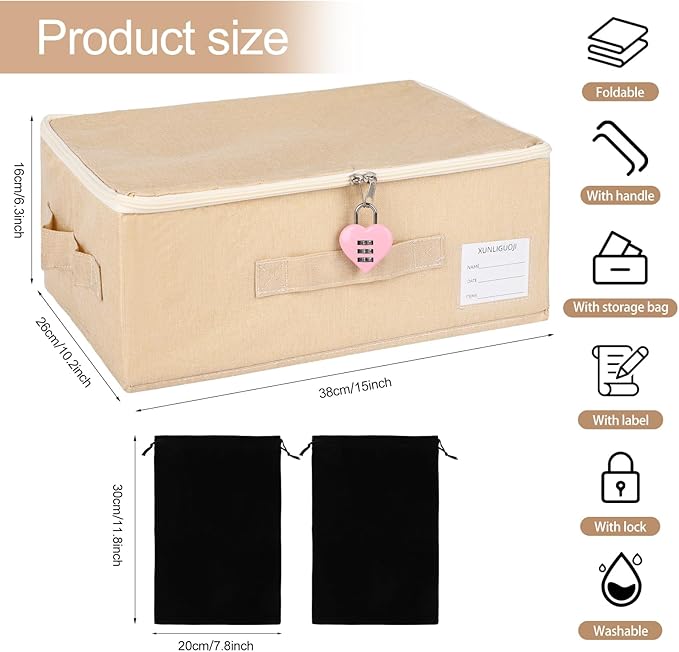2-pack Discreet Toy Storage Box with Lock Toy Bag Fabric lockable storage bin with Handles, foldable, with Zipper lid/handle/label,locking Storage Box for Women and Men (2, pink lock, small)