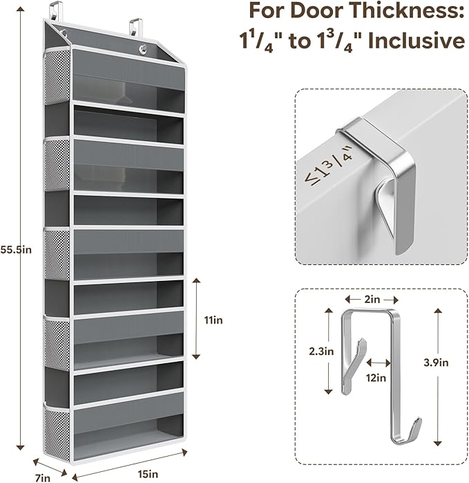 Simple Trending Over The Door Organizer with 10 Side Mesh Pockets, Hanging Storage Organizer with 5 Large Pockets, 50 lbs Weight Large Closet Organizer for Bedroom, Bathroom, Dark Grey