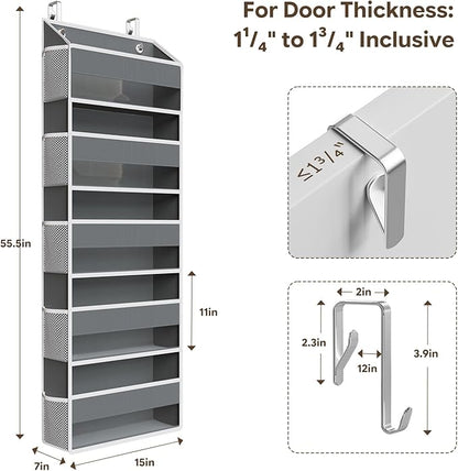 Simple Trending Over The Door Organizer with 10 Side Mesh Pockets, Hanging Storage Organizer with 5 Large Pockets, 50 lbs Weight Large Closet Organizer for Bedroom, Bathroom, Dark Grey