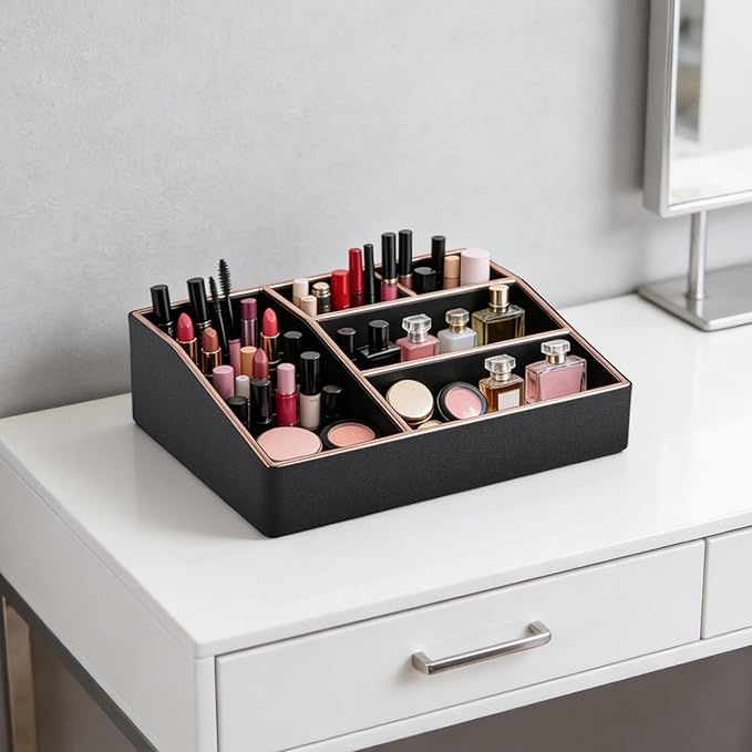 PU Leather Makeup Organizer Tray,Large Vanity Organizer,Cosmetic Storage Box for Lipstick Brushes Skincare Perfume,Cosmetic Display Case Rose Gold-trimmed for Dresser,Bathroom Countertop(Black)
