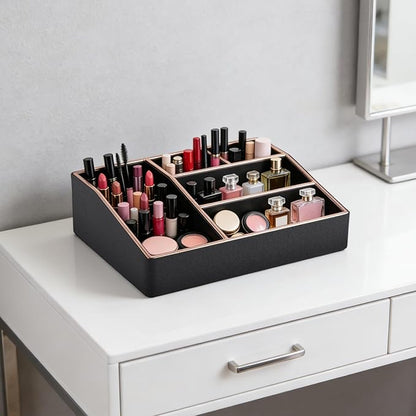 PU Leather Makeup Organizer Tray,Large Vanity Organizer,Cosmetic Storage Box for Lipstick Brushes Skincare Perfume,Cosmetic Display Case Rose Gold-trimmed for Dresser,Bathroom Countertop(Black)