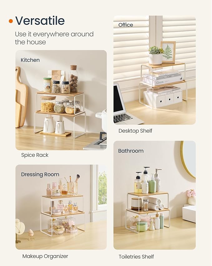 SONGMICS HOME Cabinet Organizer Shelf, Set of 2 Kitchen Counter Shelves, Kitchen Storage, Spice Rack, Stackable, Expandable, Metal and Bamboo, Light Bamboo UKCS050N01