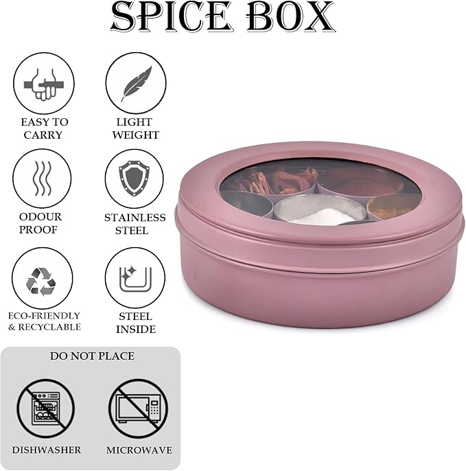 Elan 7 Compartment Multipurpose Air-Tight Stainless Steel See-Through Round Colorful Spice Box/Popula Dabba with Lid and Spoon | Mauve, (1500 ml)