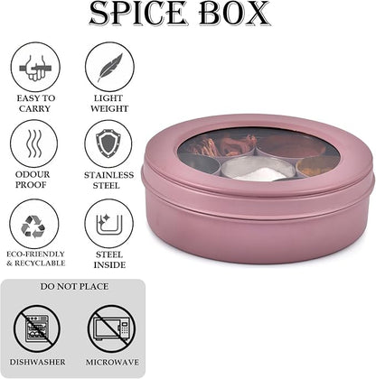 Elan 7 Compartment Multipurpose Air-Tight Stainless Steel See-Through Round Colorful Spice Box/Popula Dabba with Lid and Spoon | Mauve, (1500 ml)