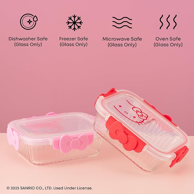 JoyJolt Sanrio Hello Kitty Fluted Glass Food Storage Containers with Lids, 2x Airtight Glass Storage Containers with Lids for Kitchen, Reusable Lunch Meal Prep Container, Cute Hello Kitty Gifts