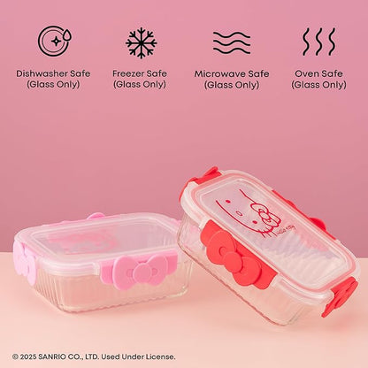 JoyJolt Sanrio Hello Kitty Fluted Glass Food Storage Containers with Lids, 2x Airtight Glass Storage Containers with Lids for Kitchen, Reusable Lunch Meal Prep Container, Cute Hello Kitty Gifts