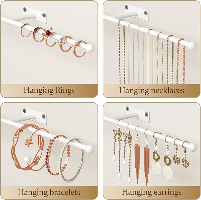 Wall Hanging Jewelry Organizer: 12.6'' Necklace Holder for Earring, Bracelet, Rings, Hairband, Glasses, White 2-Pack, Screws Included
