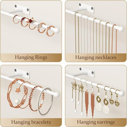 Wall Hanging Jewelry Organizer: 12.6'' Necklace Holder for Earring, Bracelet, Rings, Hairband, Glasses, White 2-Pack, Screws Included