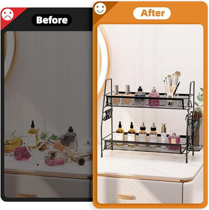 VITVITI 2-Tier Bathroom Organizer Countertop, Metal Wire Mesh Bathroom Counter Organizer Storage with Basket Hooks, Vanity Tray Shelf, Kitchen Spice Rack, Black