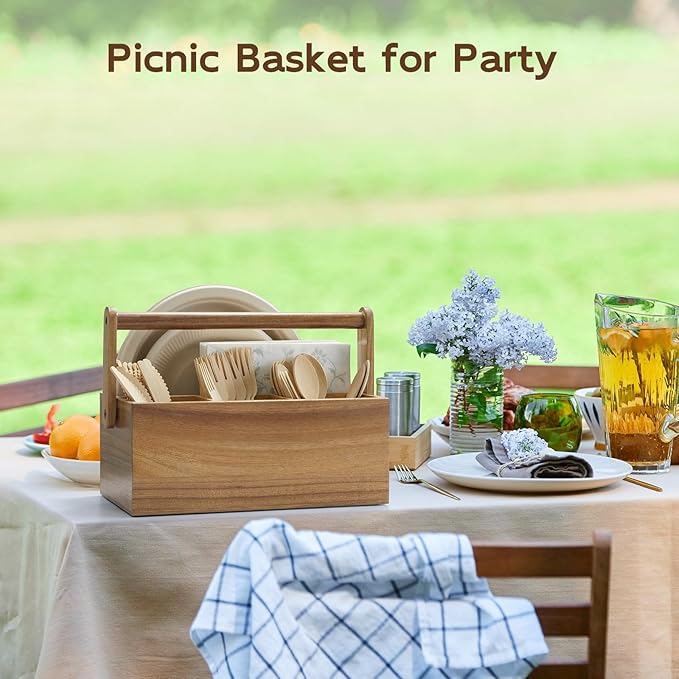 Acacia Paper Plate Dispenser, Paper Plate Holders with Handle, Picnic Silverware Caddy for Party, Cutlery Holder for Countertop, Wood Utensil Organizer for Home Kitchen & RV