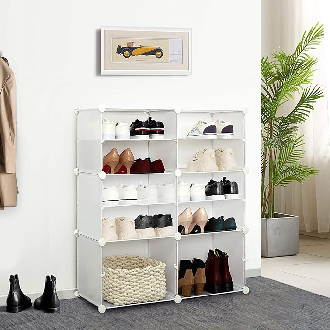 Mondeer Shoe Storage Cabinet, Shoes Rack, Shoe Storage Ideas, Plastic foldable Shoe Storage Unit with 6 Tier, Modular Shoe Organizer for Space Saving (White)
