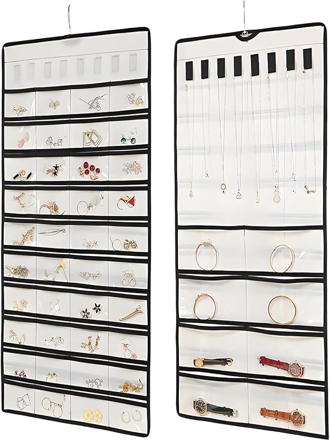 48 Pockets Hanging Jewelry Organizer with Necklace Straps, Double-Sided White Closet Jewelry Holder for Space-Saving Storage of Earrings, Bracelets & Necklaces