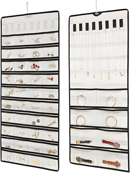 48 Pockets Hanging Jewelry Organizer with Necklace Straps, Double-Sided White Closet Jewelry Holder for Space-Saving Storage of Earrings, Bracelets & Necklaces