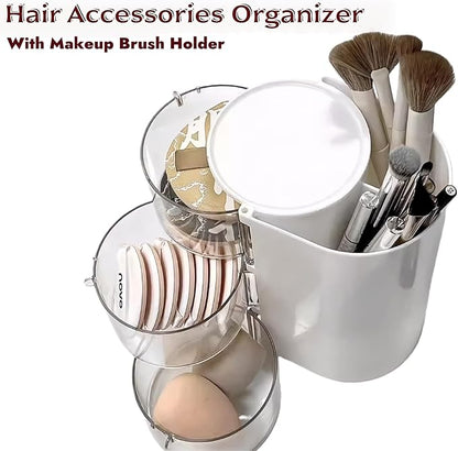Girls Hair Accessories Organizer with 2 Hooks,3-Layer Rotatable Hair Tie Organizer with Hair Brush Holder,Hair Organizer For Girls,Makeup Brush Holder (White)