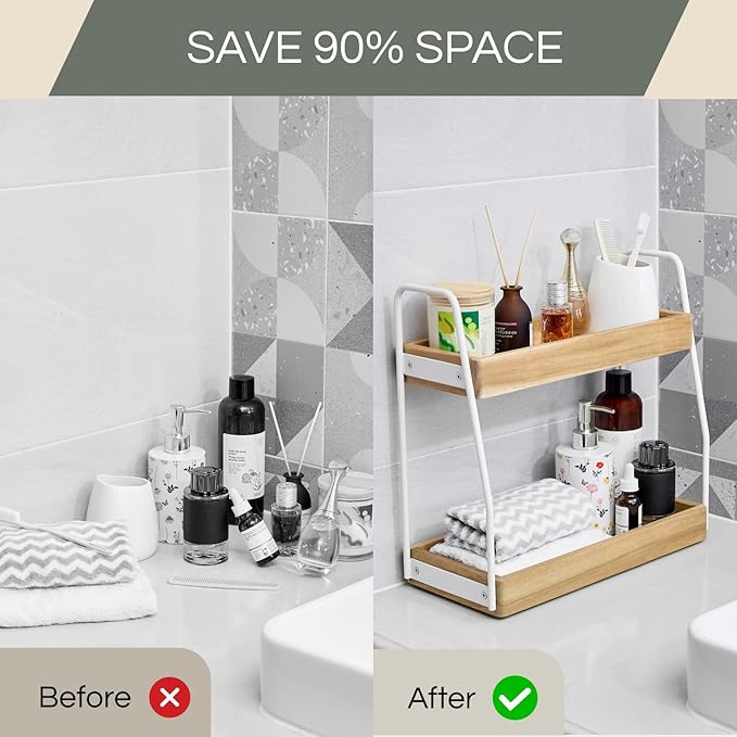 THYOI Acacia Wood 2-Tier Wooden Organizer Countertop, 15.4”x6.7”x14.6”, Natural White with White Steel, Two-Tier Bathroom Organizer, Storage Organizer, Wooden Organizer, Countertop Storage Shelf