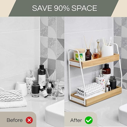 THYOI Acacia Wood 2-Tier Wooden Organizer Countertop, 15.4”x6.7”x14.6”, Natural White with White Steel, Two-Tier Bathroom Organizer, Storage Organizer, Wooden Organizer, Countertop Storage Shelf