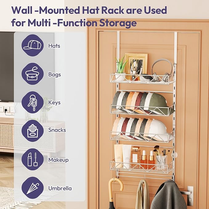 SWTYMIKI Over Door Hat Organizer - 5 Tier Wall Mounted Hat Rack with 4 Adjustable Metal Basket Heights Design and 3 Hooks, Baseball Cap Organizer Storage Holds up to 49 Caps for Door, Bedroom, Closet