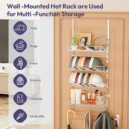 SWTYMIKI Over Door Hat Organizer - 5 Tier Wall Mounted Hat Rack with 4 Adjustable Metal Basket Heights Design and 3 Hooks, Baseball Cap Organizer Storage Holds up to 49 Caps for Door, Bedroom, Closet