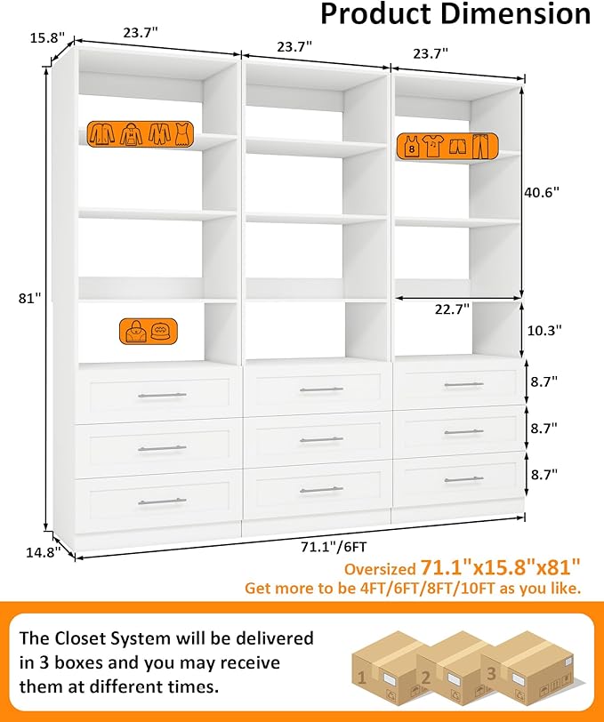 Closet System with 9 Drawers & 12 Shelves, Wood Closet Organizer System with 3 Extra Hanging Rod for Walk in Closet, Modular Closet Organizer System White(6FT)