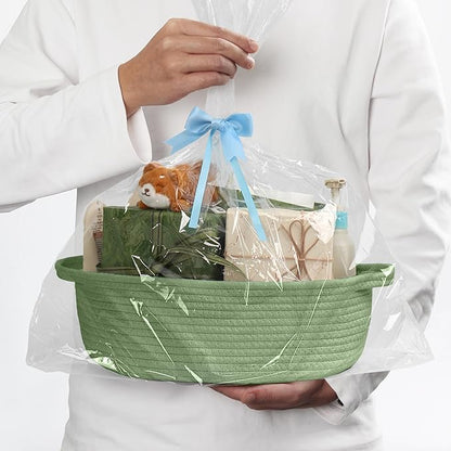 MEGASKET Green Woven Basket, 13" x 9" x 5" Baskets for Gifts Empty, Cute Cotton Rope Cat Dog Toy Bin Box, Small Woven Bin for Organizing, Green Room Decor, Nursery Baby Cloth Diaper Storage Organizer