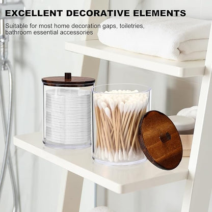 4 Pack Qtip Holder Dispenser with Wood Lids - 10 oz Clear Plastic Apothecary Jar Containers for Vanity Makeup Organizer Storage - Bathroom Accessories Set for Cotton Swab,Pads, Ball, Floss