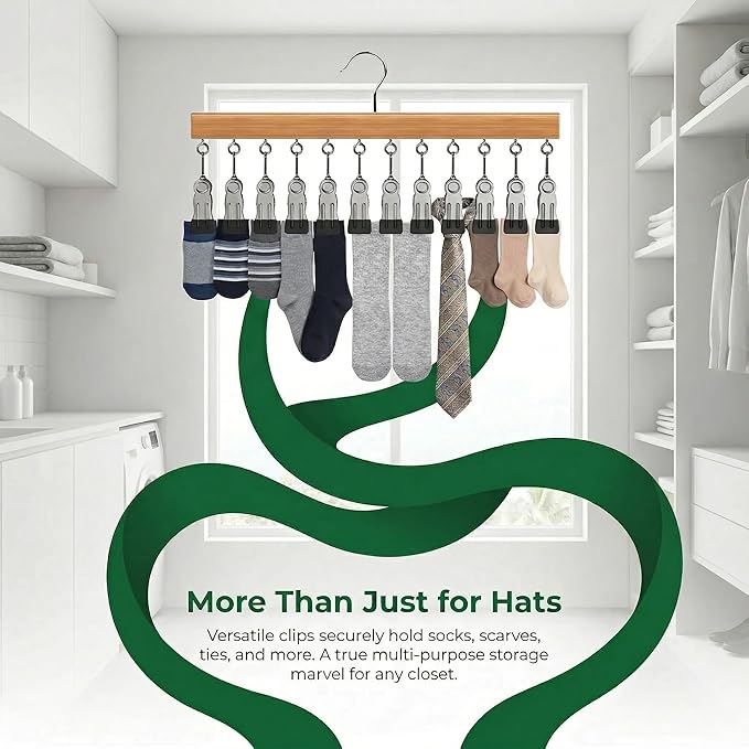 Closet Organizer with 12 Clips, 2 Pack Closet Space Savers for Hanging Clothes, Wooden Pants and Leggings Hangers with 360° Rotating Hook, Space-Saving Hat Scarf Clothespins, Walnut Wood Color
