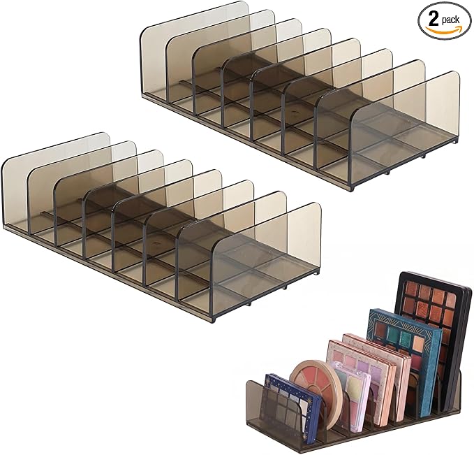 2 Pack Acrylic Makeup Palette Organizer, 7-Section Eyeshadow Palette Organizer Holder, Small Smoky Clear Cosmetic Display Storage for Drawer Vanity Countertop