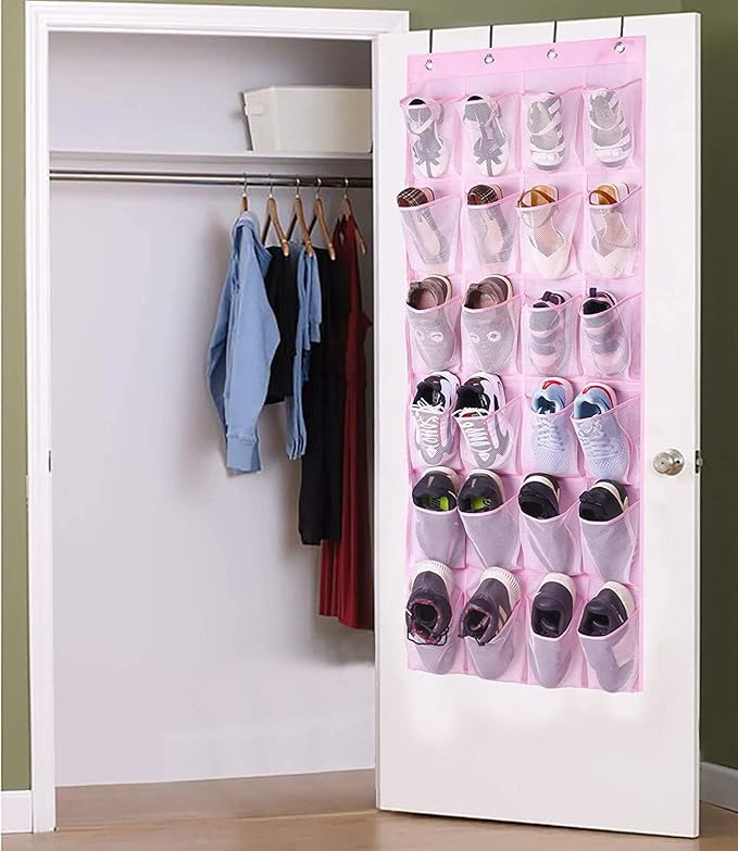 MISSLO Over The Door Shoe Organizer 24 Large Mesh Pockets (Pink)