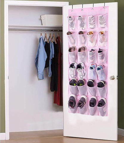MISSLO Over The Door Shoe Organizer 24 Large Mesh Pockets (Pink)