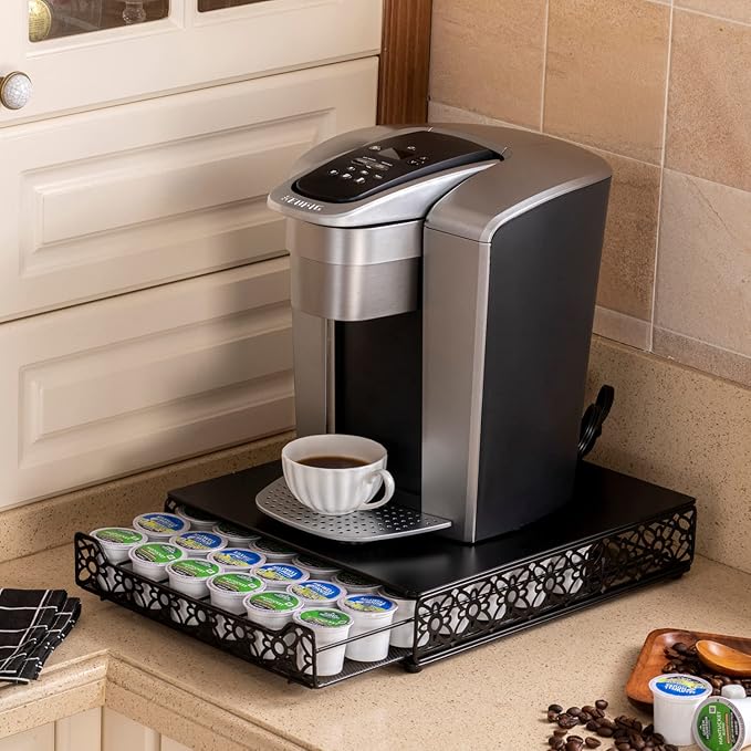 FlagShip K Cup Drawer Holder for Keurig Pods K Cup Storage Organizer Drawer Save Space Countertop Kitchen (42 Pods) - Cast Iron with Powder Black Finish