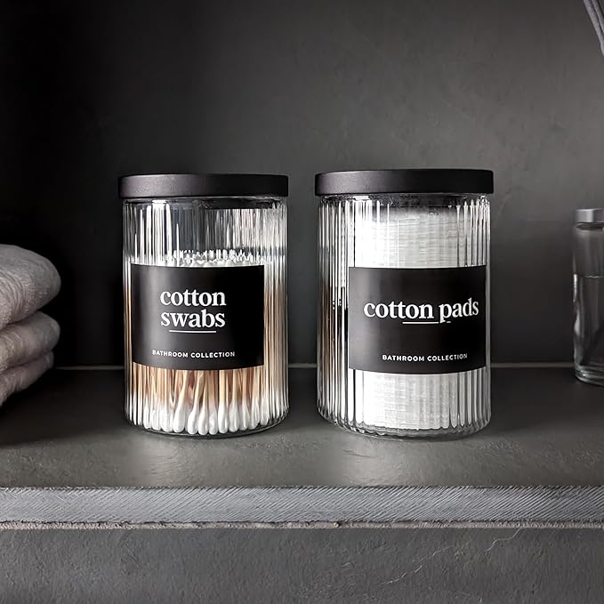 Mason & Fable Ribbed Glass Bathroom Jars with Black Bamboo Lids | Cotton Pad / Swab / Q tip | Bath Salt / Clear Vanity Apothecary Storage Canister Organizer-10fl.oz, Set of 4
