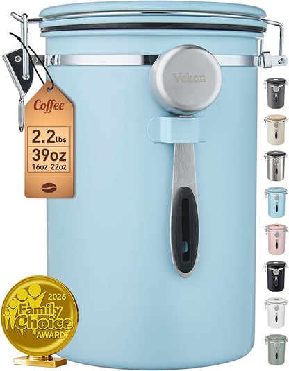 Veken Coffee Canister, 39OZ Large, Airtight Stainless Steel Food Storage Container for 2.2lbs Coffee Beans, Ground, Sugar, Tea, Cookie, Flour, Kitchen Bar Accessories with Date Tracker & Scoop, Blue