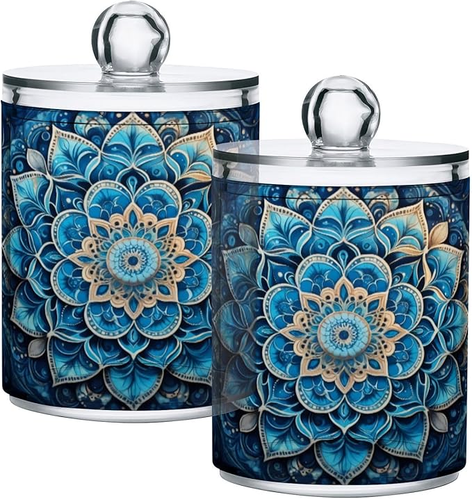 Mandala Pattern Blue Qtip Holder 4 Pack - 10 Oz Clear Plastic Apothecary Jar Set for Bathroom Organization - Versatile Canister Storage for Cotton Balls, Swabs, Rounds