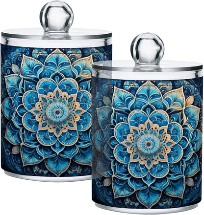 Mandala Pattern Blue Qtip Holder 4 Pack - 10 Oz Clear Plastic Apothecary Jar Set for Bathroom Organization - Versatile Canister Storage for Cotton Balls, Swabs, Rounds