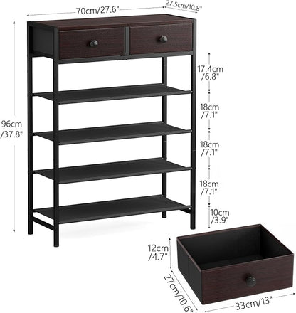 Shoe Rack, 5 Tier Shoe Organizer with 2 Drawers, Metal Shoe Storage for 16-20 Pairs of Shoes with Fabric Shelves and Wooden Top, Narrow Shoe Shelf for Closet Entryway Dark Brown